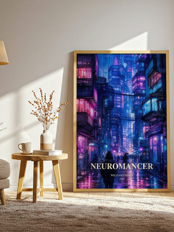 Neuromancer watercolour print in frame leaning in hallway – sci fi wall art