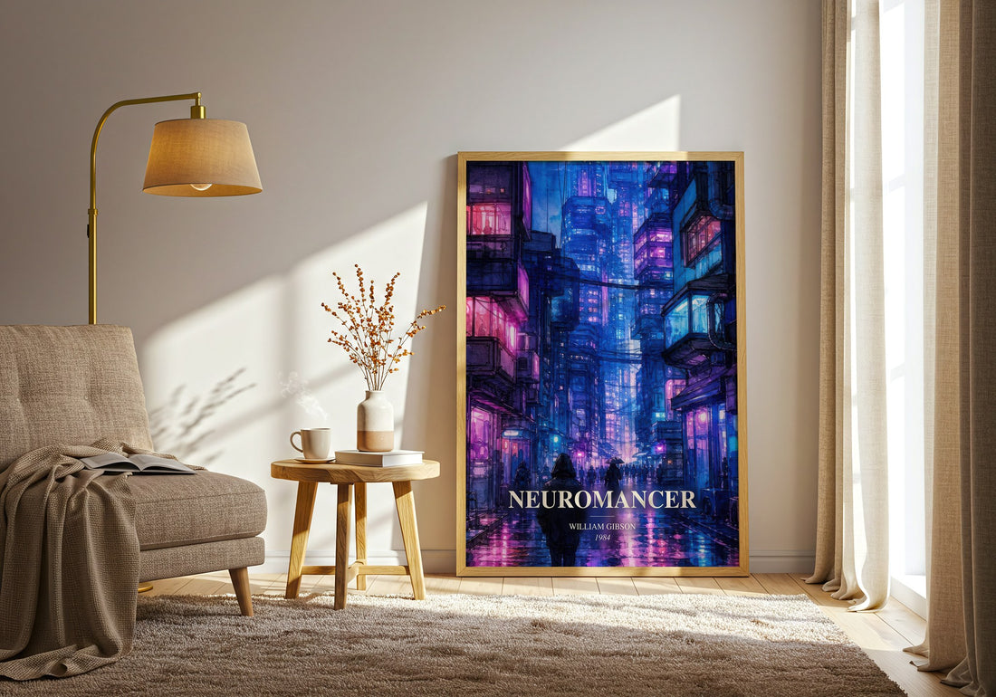 Neuromancer watercolour print in frame leaning in hallway – sci fi wall art (mockup)