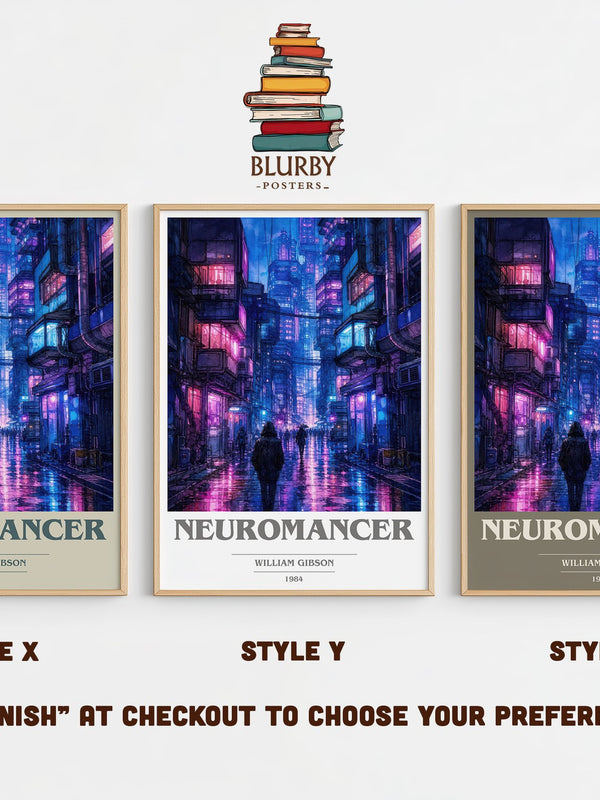 Neuromancer book cover print in frame leaning in hallway – sci fi wall art