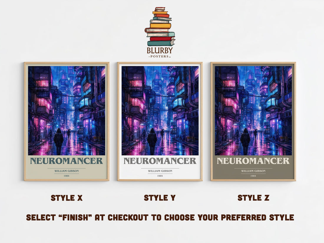 Neuromancer book cover print in frame leaning in hallway – sci fi wall art (mockup)