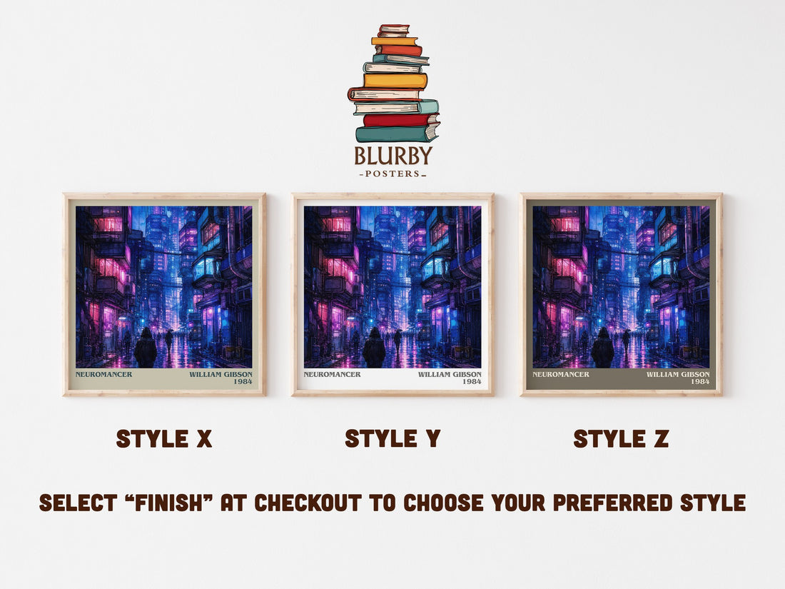 Neuromancer literary print in frame leaning in hallway – sci fi wall art (mockup)