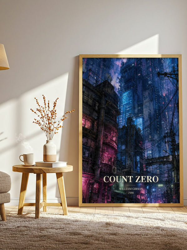 Count Zero watercolour print in frame leaning in hallway – sci fi wall art