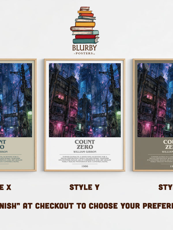 Count Zero bookish print in frame leaning in hallway – sci fi wall art