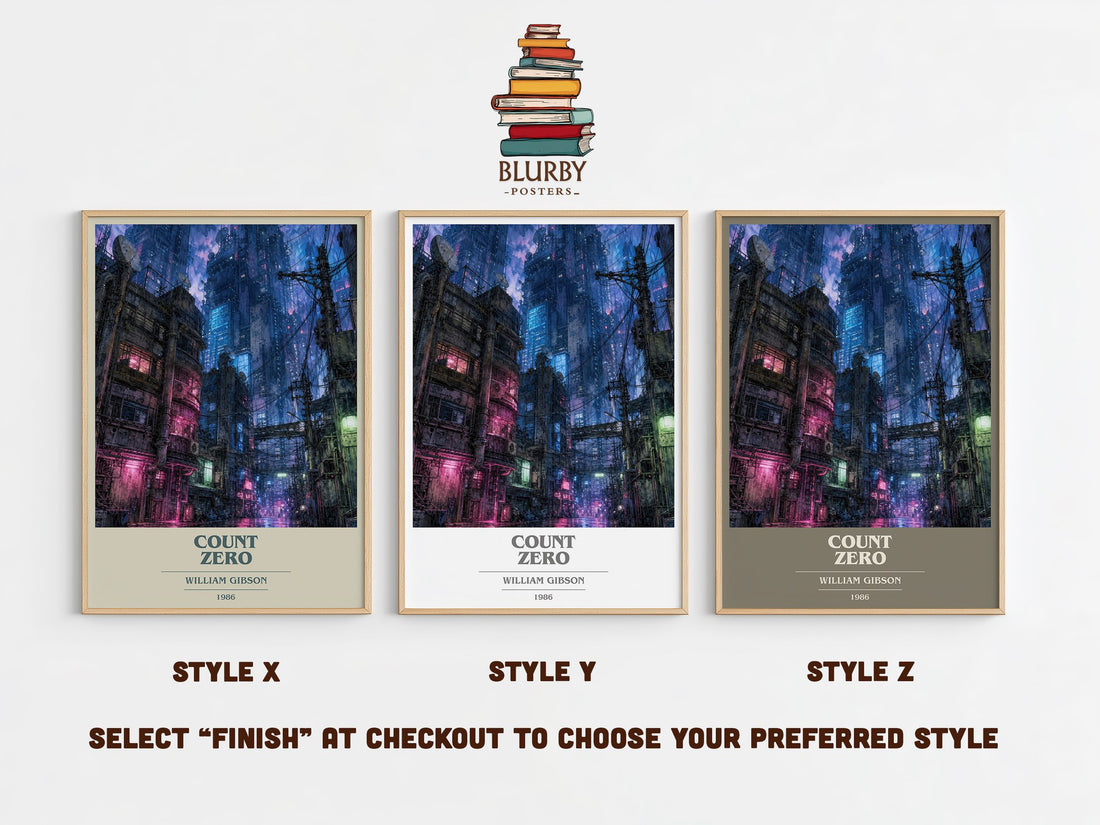 Count Zero book cover print in frame leaning in hallway – sci fi wall art (mockup)