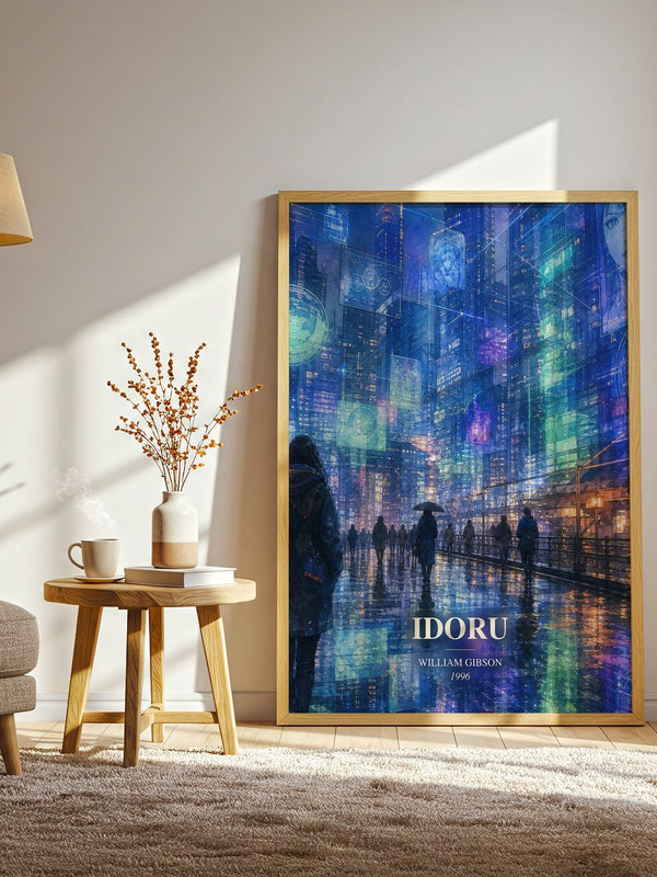 Idoru watercolour print in frame leaning in hallway – sci fi wall art