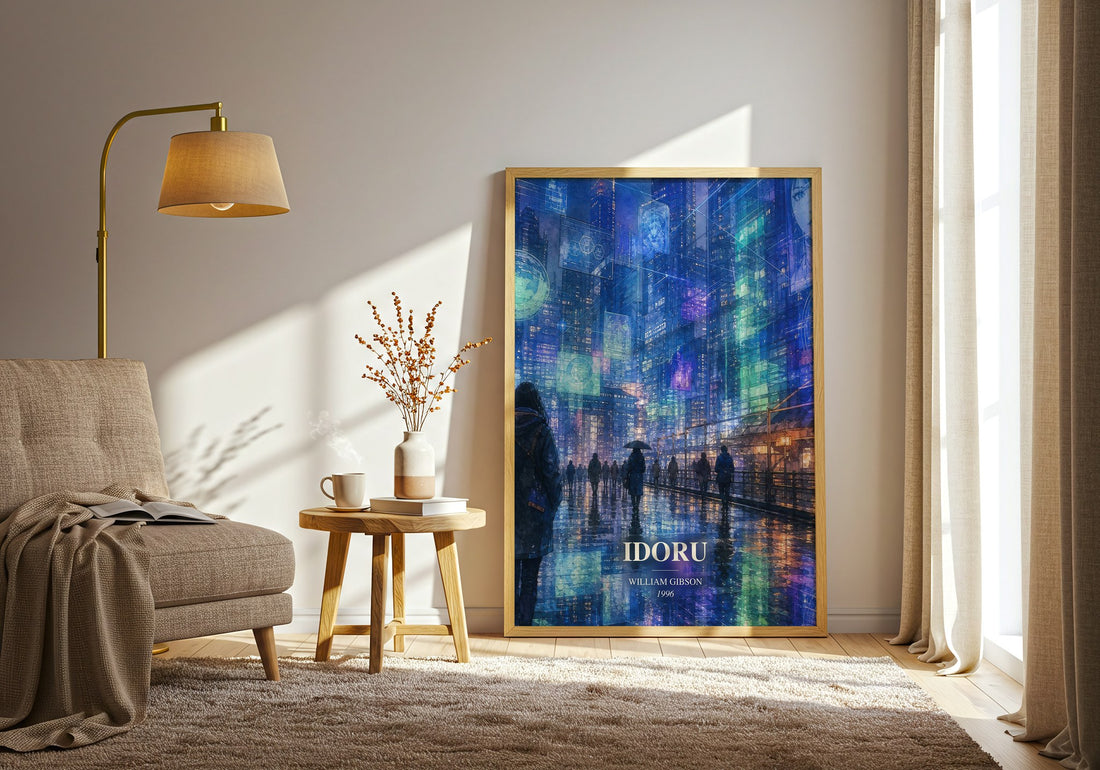 Idoru watercolour print in frame leaning in hallway – sci fi wall art (mockup)