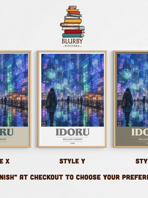 Idoru book cover print in frame leaning in hallway – sci fi wall art