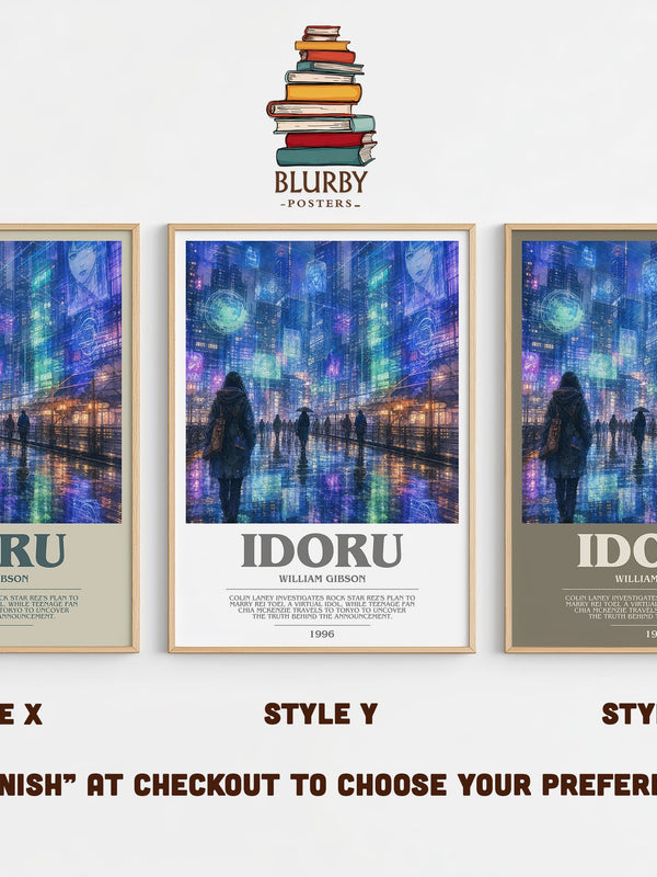 Idoru bookish print in frame leaning in hallway – sci fi wall art