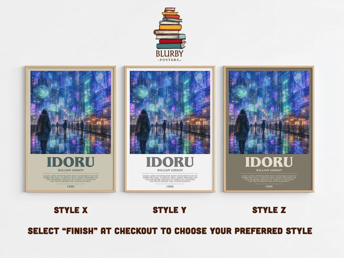 Idoru bookish print in frame leaning in hallway – sci fi wall art (mockup)