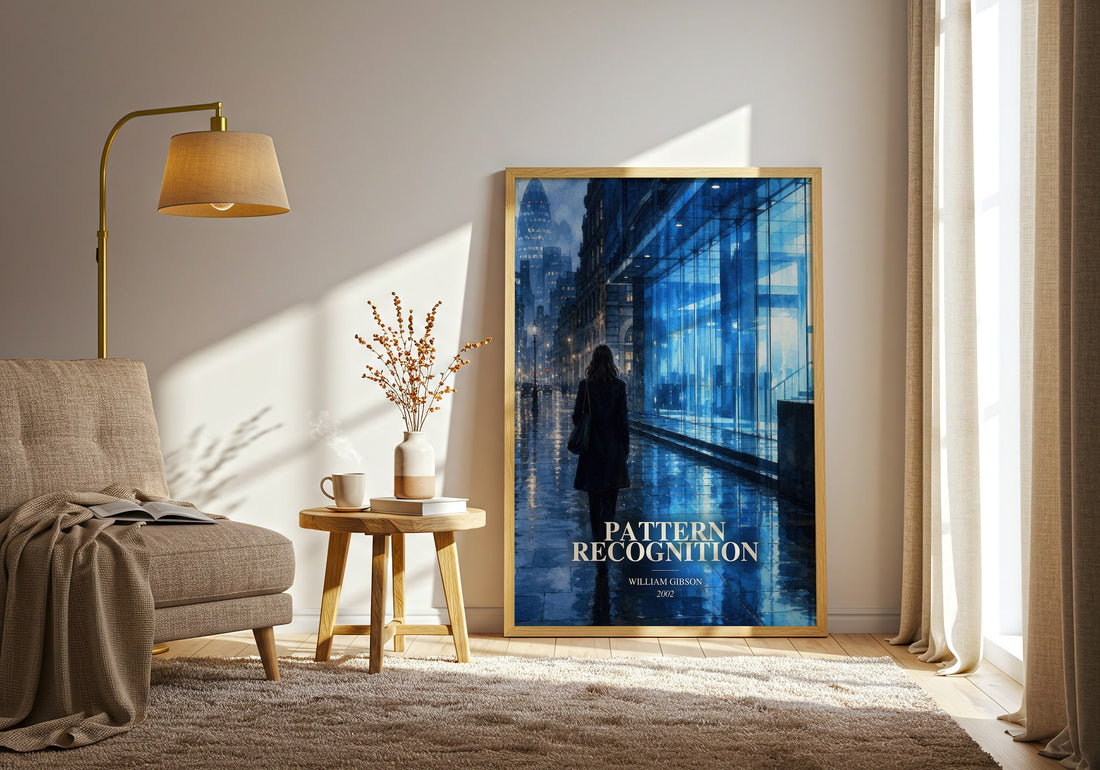 Pattern Recognition watercolour print in frame leaning in hallway – thriller wall art (mockup)