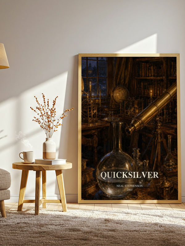 Quicksilver watercolour print in frame leaning in hallway – historical fiction wall art
