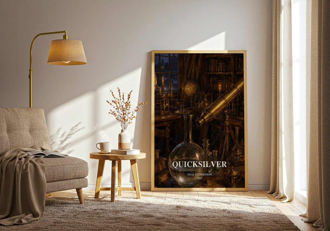 Quicksilver watercolour print in frame leaning in hallway – historical fiction wall art (mockup)