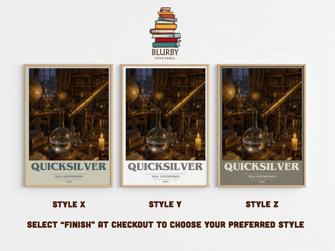 Quicksilver book cover print in frame leaning in hallway – historical fiction wall art (mockup)