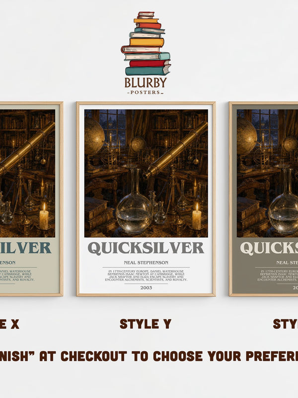 Quicksilver bookish print in frame leaning in hallway – historical fiction wall art