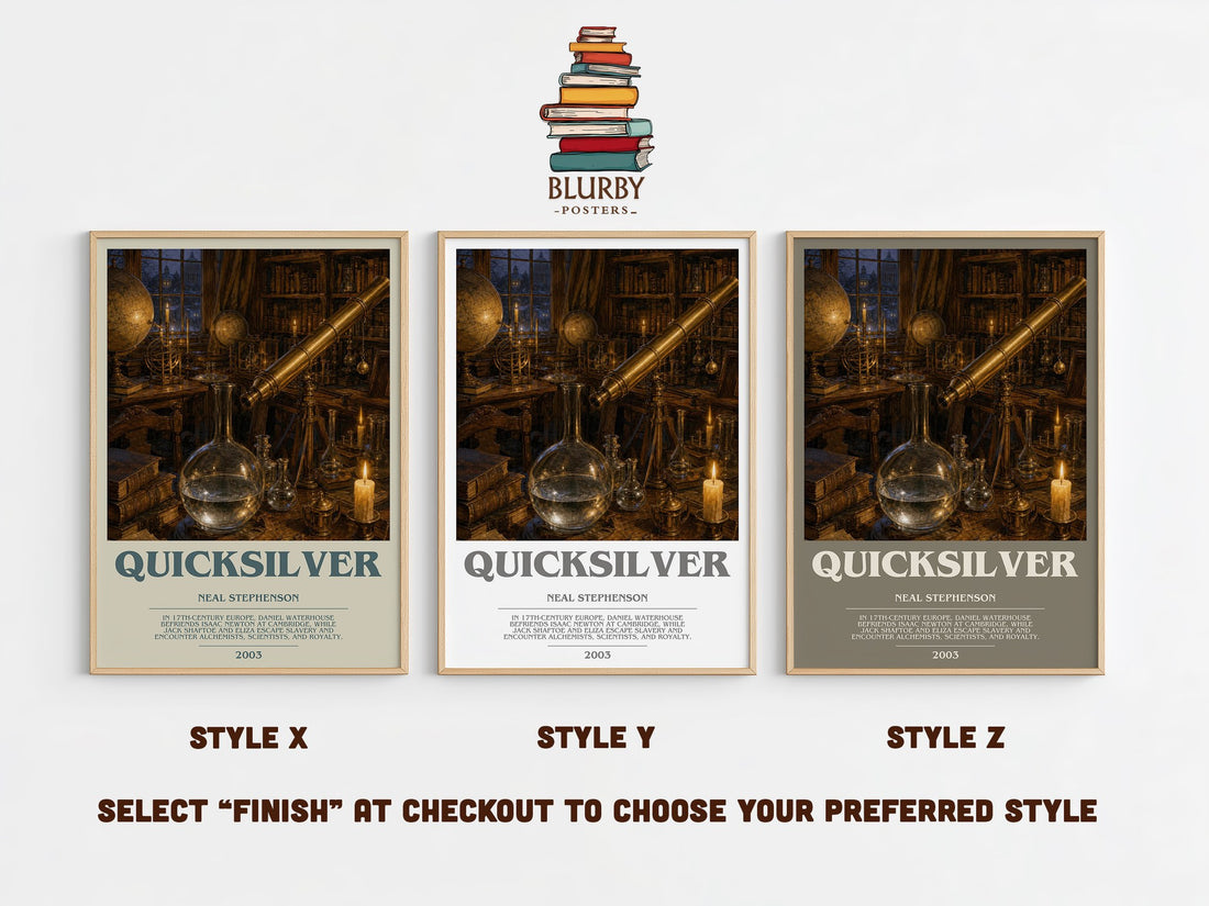Quicksilver bookish print in frame leaning in hallway – historical fiction wall art (mockup)