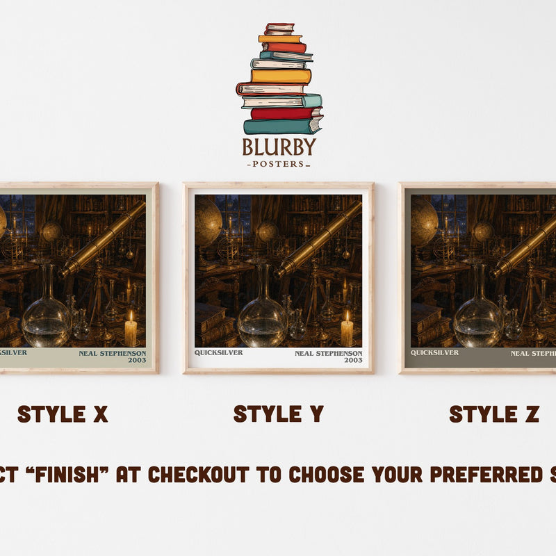 Quicksilver literary print in frame leaning in hallway – historical fiction wall art