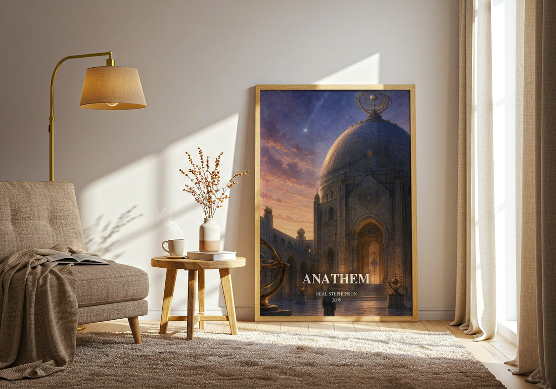 Anathem watercolour print in frame leaning in hallway – sci fi wall art (mockup)
