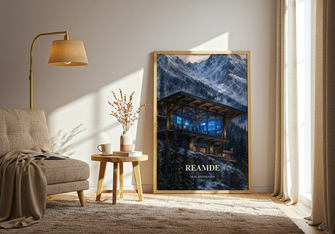 Reamde watercolour print in frame leaning in hallway – thriller wall art (mockup)
