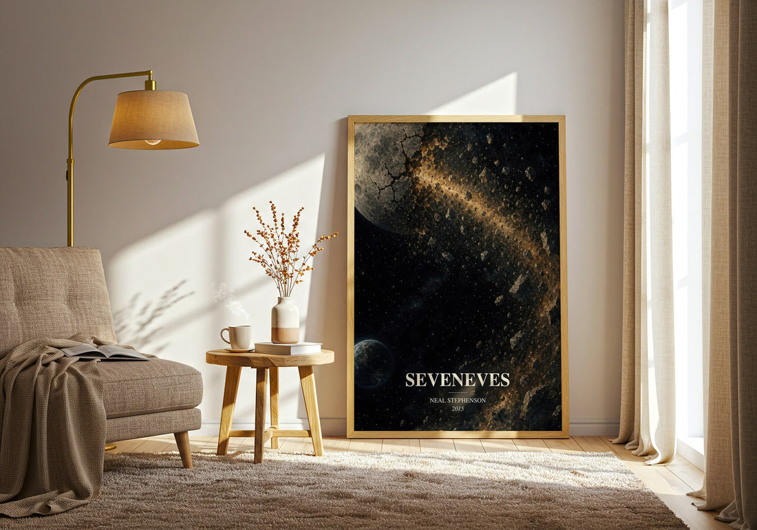 Seveneves watercolour print in frame leaning in hallway – sci fi wall art (mockup)