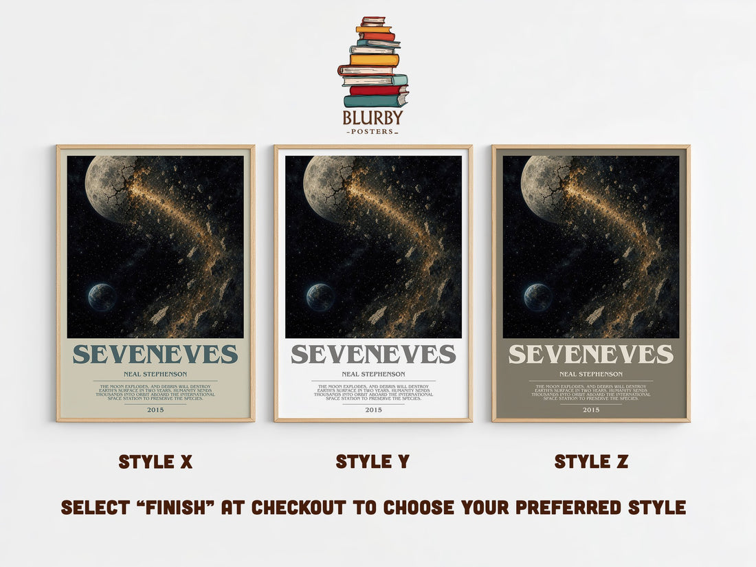 Seveneves bookish print in frame leaning in hallway – sci fi wall art (mockup)