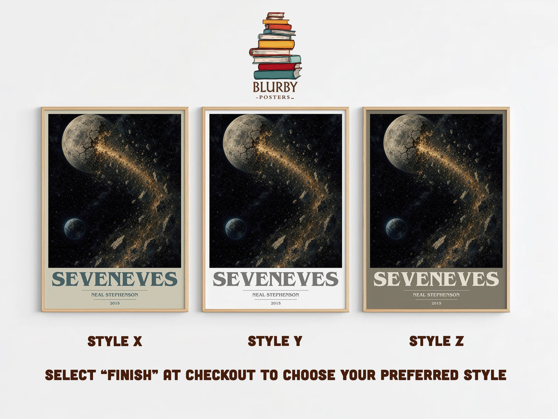 Seveneves book cover print in frame leaning in hallway – sci fi wall art (mockup)