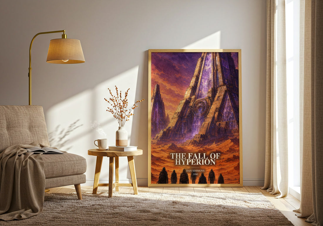The Fall of Hyperion watercolour print in frame leaning in hallway – sci fi wall art (mockup)