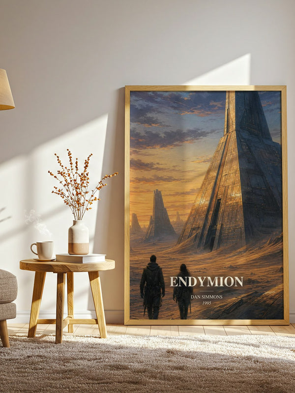 Endymion watercolour print in frame leaning in hallway – sci fi wall art