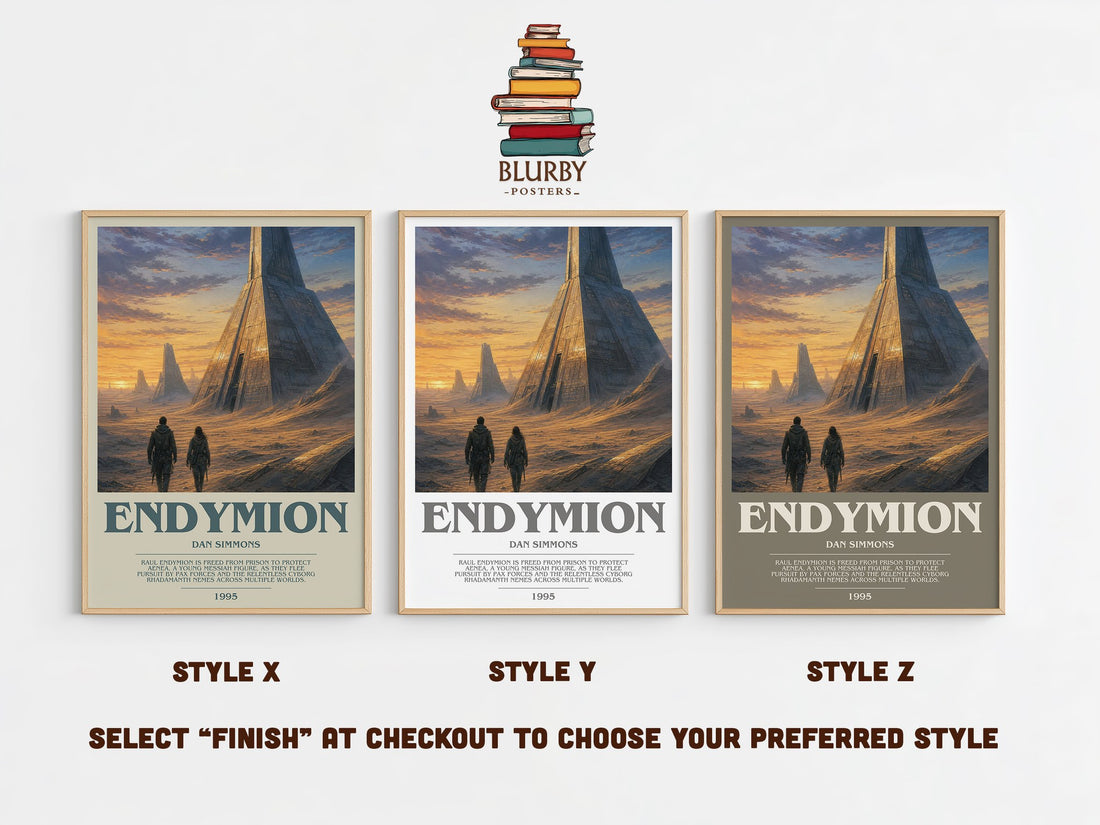 Endymion bookish print in frame leaning in hallway – sci fi wall art (mockup)