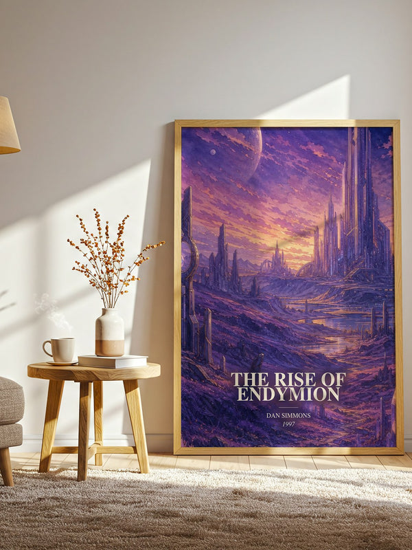 The Rise of Endymion watercolour print in frame leaning in hallway – sci fi wall art