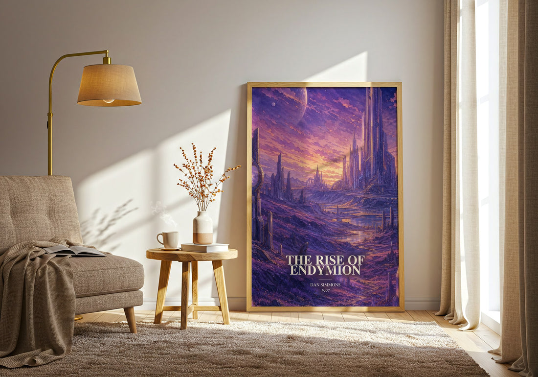 The Rise of Endymion watercolour print in frame leaning in hallway – sci fi wall art (mockup)