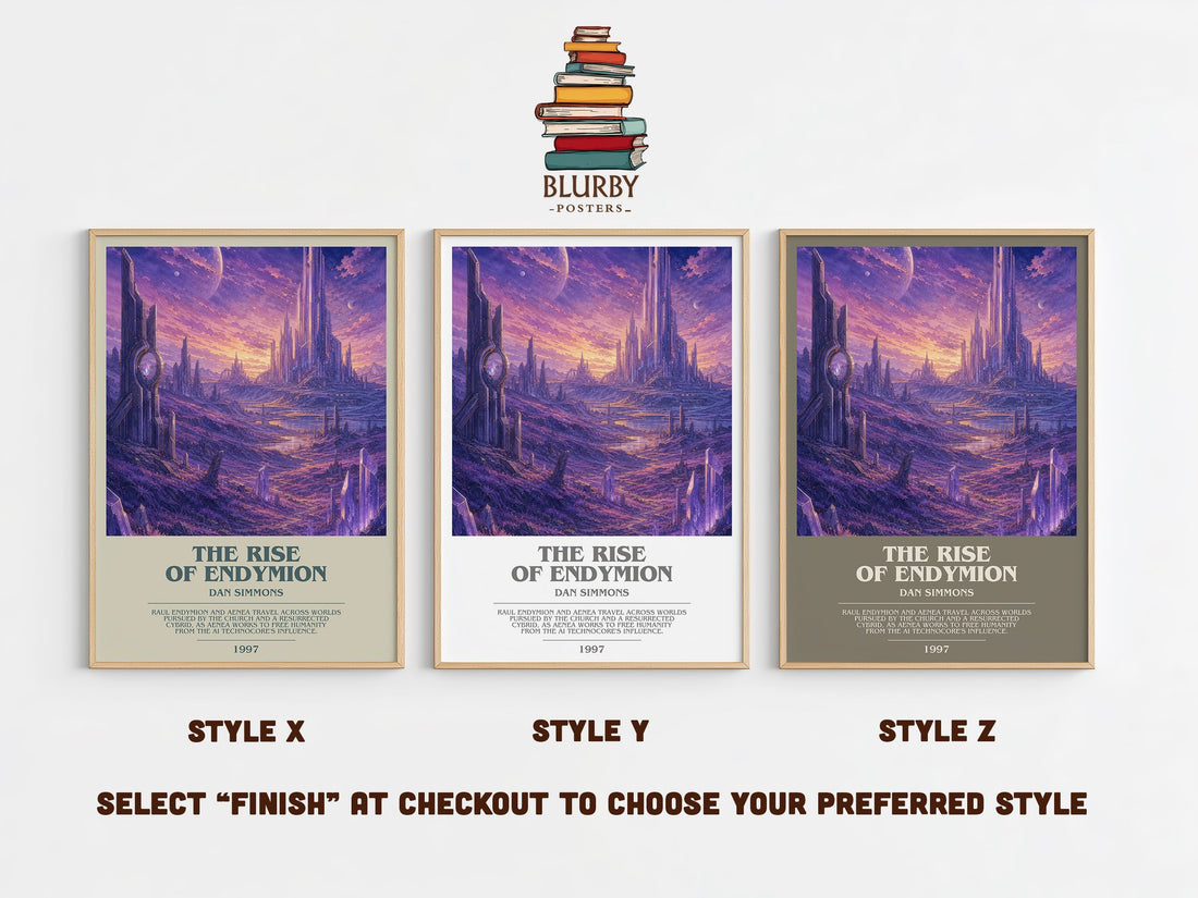 The Rise of Endymion bookish print in frame leaning in hallway – sci fi wall art (mockup)