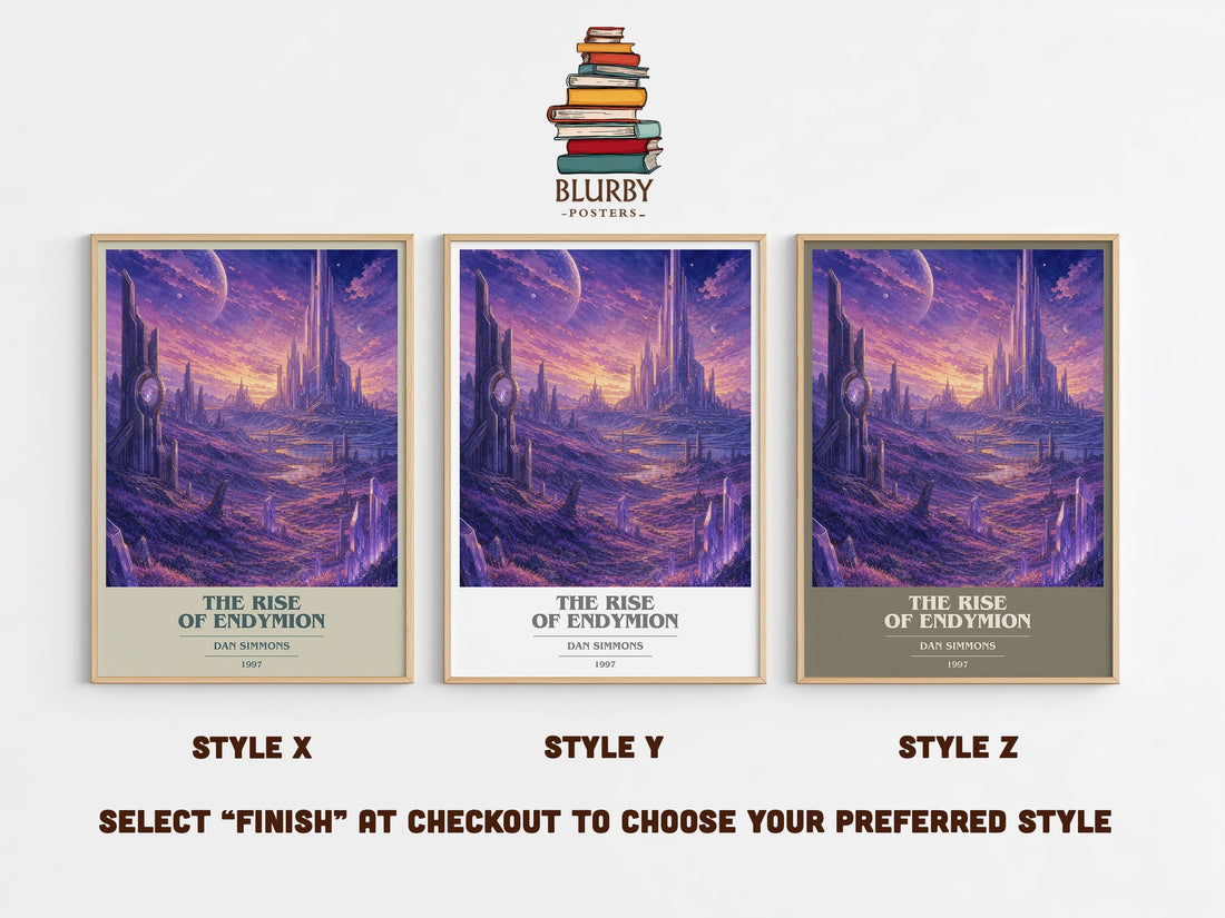 The Rise of Endymion book cover print in frame leaning in hallway – sci fi wall art (mockup)