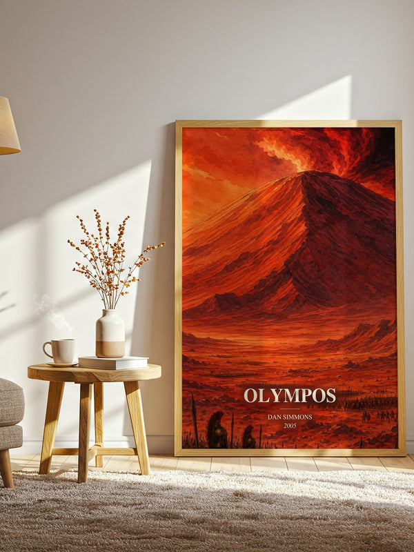 Olympos watercolour print in frame leaning in hallway – sci fi wall art