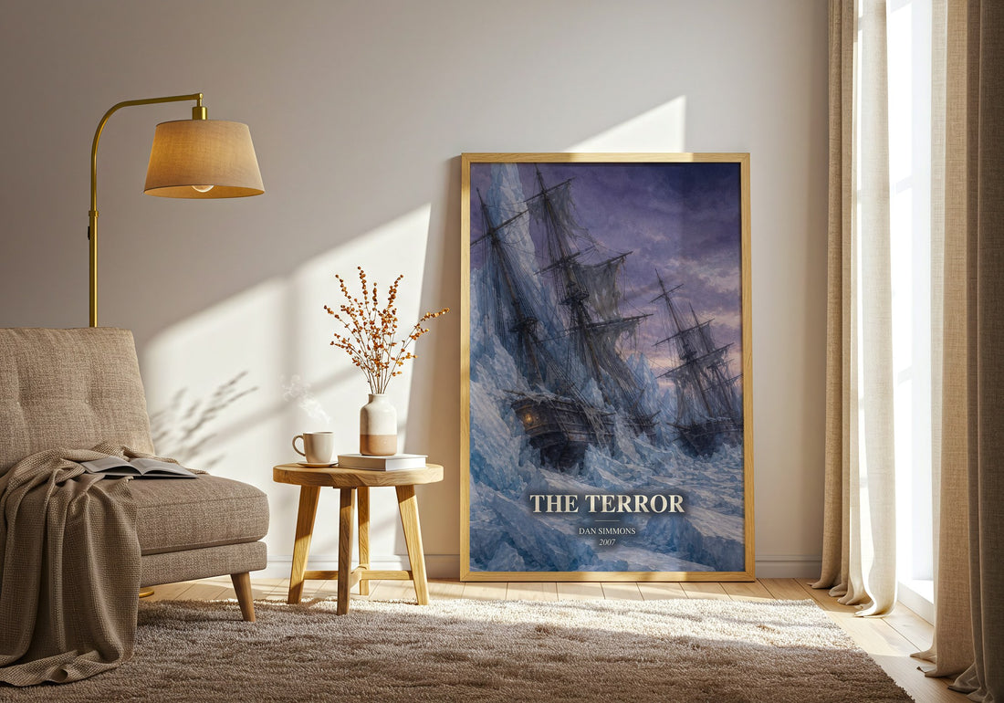 The Terror watercolour print in frame leaning in hallway – horror wall art (mockup)