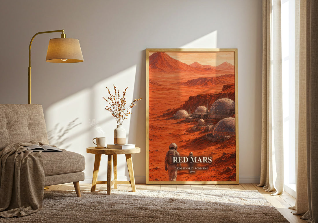 Red Mars watercolour print in frame leaning in hallway – sci fi wall art (mockup)