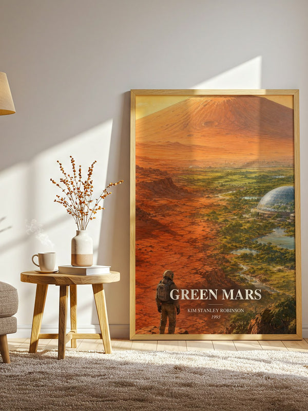 Green Mars watercolour print in frame leaning in hallway – sci fi wall art
