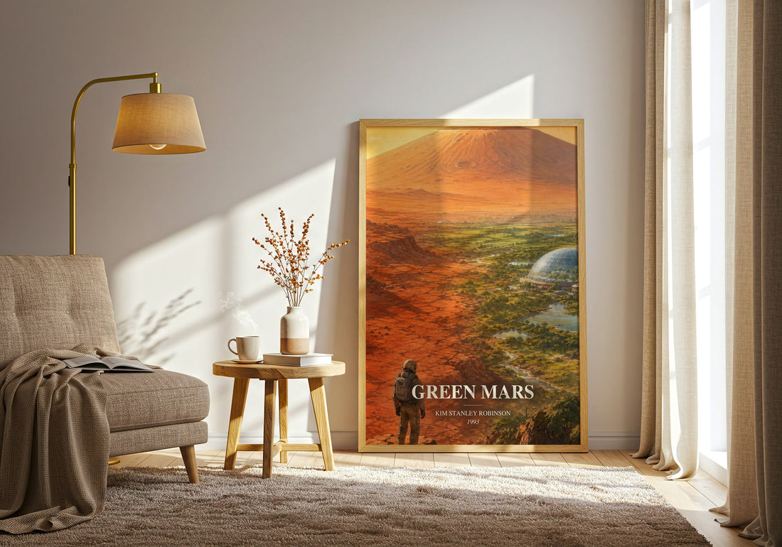 Green Mars watercolour print in frame leaning in hallway – sci fi wall art (mockup)