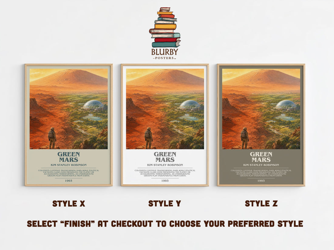 Green Mars bookish print in frame leaning in hallway – sci fi wall art (mockup)