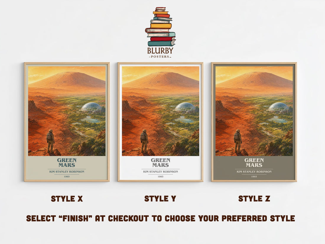 Green Mars book cover print in frame leaning in hallway – sci fi wall art (mockup)