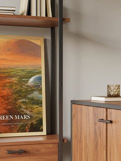 Green Mars Book Watercolour Illustration by Kim Stanley Robinson – framed print on a shelf by a wooden cabinet