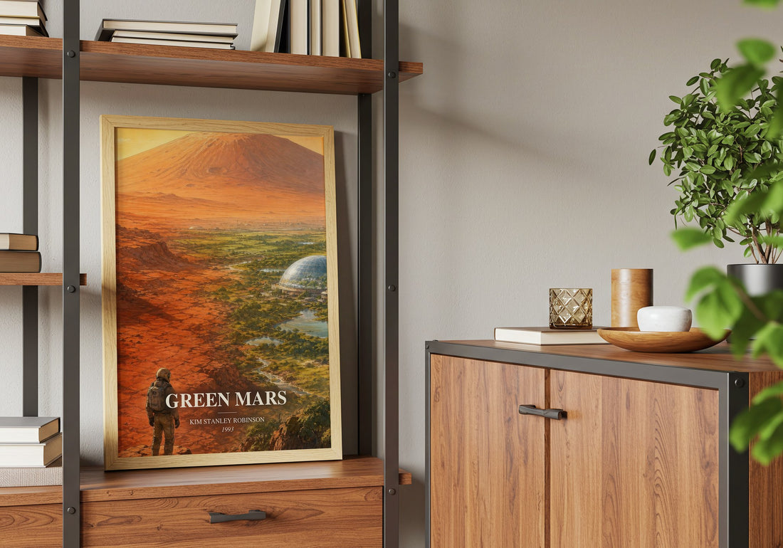 Green Mars Book Watercolour Illustration by Kim Stanley Robinson – framed print on a shelf by a wooden cabinet