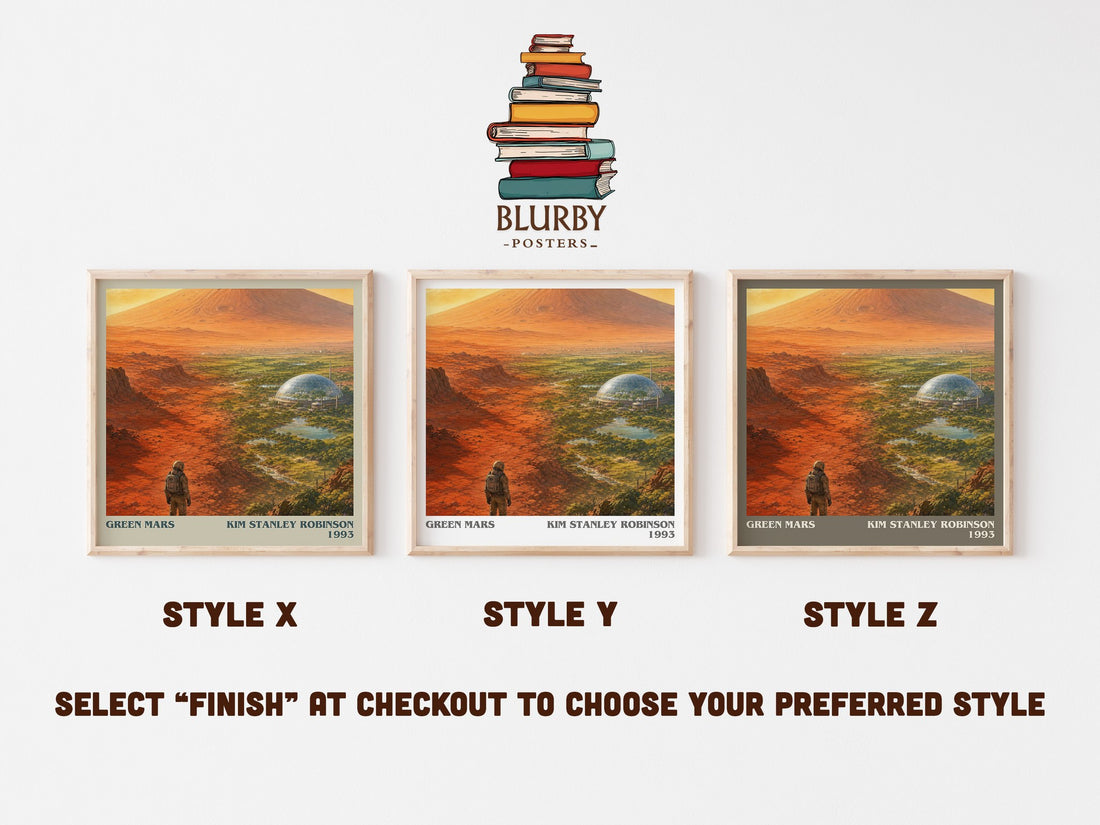 Green Mars literary print in frame leaning in hallway – sci fi wall art (mockup)
