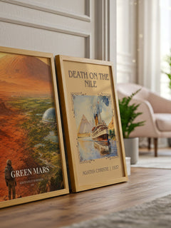 Green Mars Book Watercolour Illustration by Kim Stanley Robinson – framed print leaning beside a second print