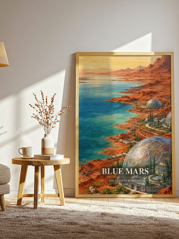 Blue Mars watercolour print in frame leaning in hallway – sci fi wall art