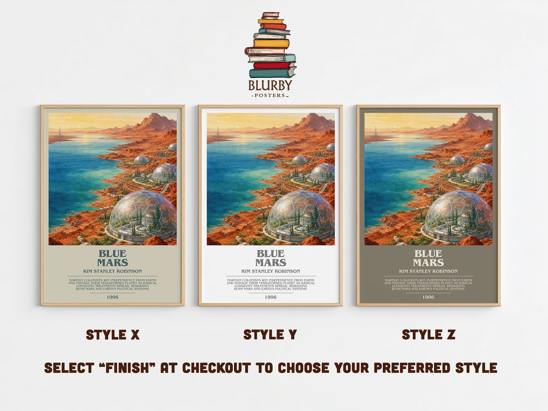 Blue Mars bookish print in frame leaning in hallway – sci fi wall art (mockup)