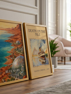 Blue Mars watercolour print framed by window – literary home decor