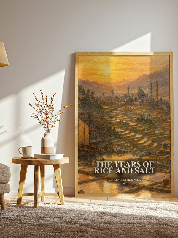 The Years of Rice and Salt watercolour print in frame leaning in hallway – sci fi wall art