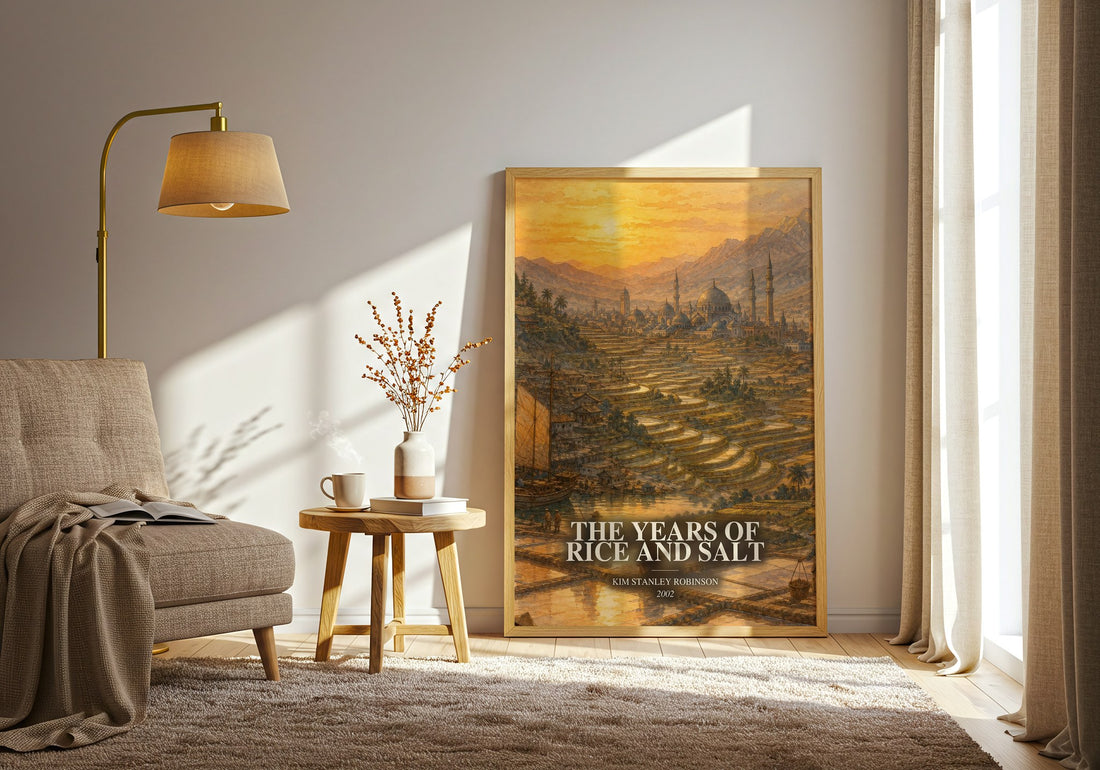 The Years of Rice and Salt watercolour print in frame leaning in hallway – sci fi wall art (mockup)