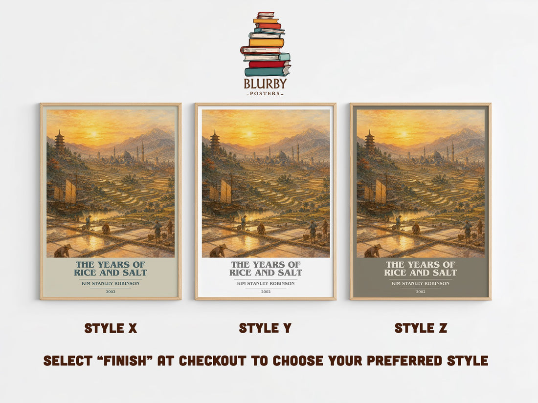 The Years of Rice and Salt book cover print in frame leaning in hallway – sci fi wall art (mockup)