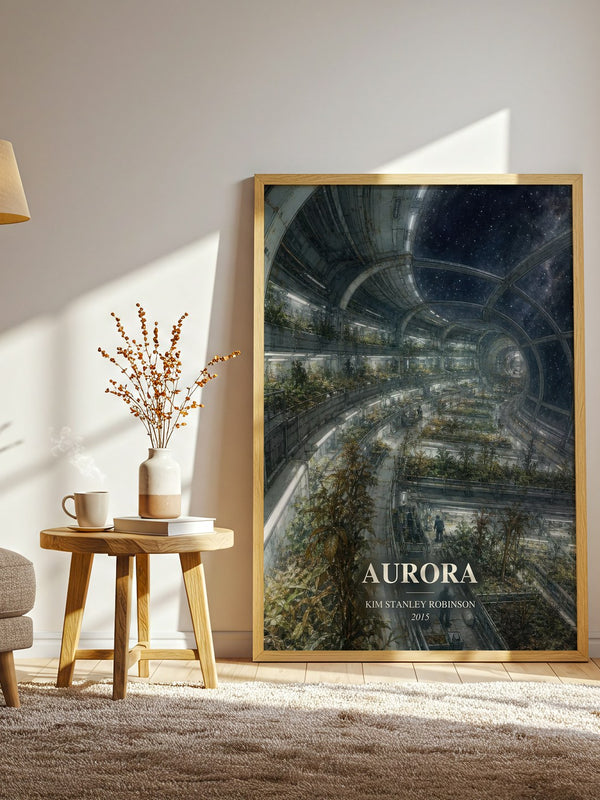 Aurora watercolour print in frame leaning in hallway – sci fi wall art